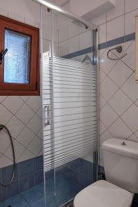 een badkamer met een douche, een toilet en een raam bij Alexis's House in Pylos