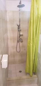 een douche met een groen douchegordijn in de badkamer bij TI-WAIT in Sainte-Anne +12 foto's