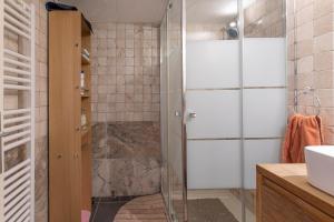 a shower with a glass door in a bathroom at ANNECY Sainte Claire vieille ville 38m2 Terrasse proche gare et lac 4 pers 3 étoiles in Annecy