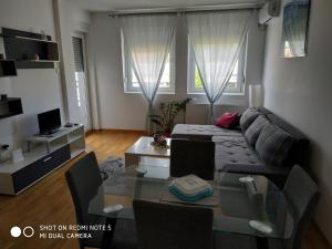 - un salon avec un canapé et une table en verre dans l'établissement Apartment Jelena, à Zrenjanin