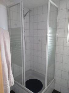 ヘリングスドルフにあるHaus Stefanieのバスルーム(ガラスドア付きのシャワー付)