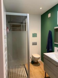a bathroom with a shower with a toilet and a sink at Appartement rénové & calme - Centre-ville 4 à 6 Pers - 2eme Étage Cuisine Équipée- Linge et Ménage en option in Cauterets