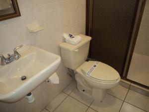 a bathroom with a toilet and a sink at Hotel Hacienda Nainari in Ciudad Obregón