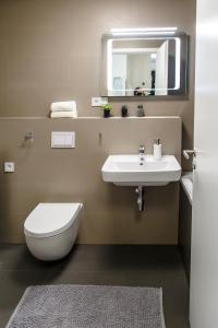 a bathroom with a toilet and a sink and a mirror at The Town Hall Residence -Welcome Home Apartment-free outdoor parking-AC in Košice