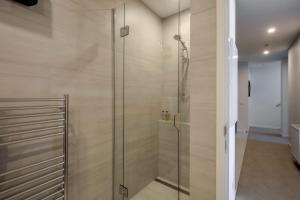 a shower with a glass door in a bathroom at Peak View Residence in Queenstown