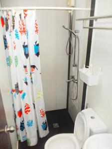 a bathroom with a shower curtain and a toilet at Abrhys Ridge Inn in Coron +49 photos