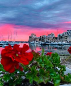 a view of a harbor with red flowers and buildings at Hotel Cala Marina in Castellammare del Golfo