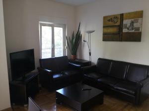 a living room with black leather furniture and a flat screen tv at Ana's Apartment in Belgrade