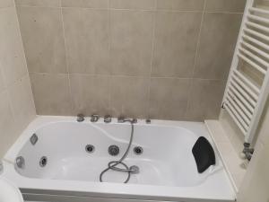 a white bath tub with a hose in a bathroom at Ana's Apartment in Belgrade