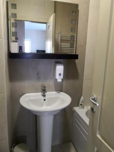 a bathroom with a sink and a mirror and a toilet at Ana's Apartment in Belgrade