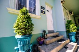 a house with three potted plants on the front of it at ATRIUM 22 Apartment in Sighişoara