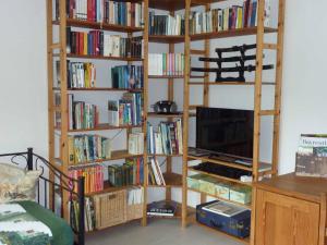 um quarto com uma prateleira cheia de livros em Ferienwohnung Fantaisie em Eckersdorf