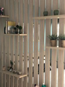 a white book shelf with potted plants on it at ORFEAS SUITE in Nea Peramos +26 photos