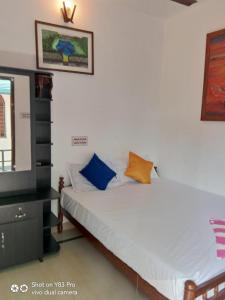 1 dormitorio con 1 cama con almohadas azules y naranjas en Taj Mahal Hotel, en Kochi