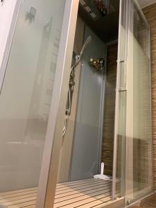 a shower with a glass door in a room at Appartement rénové & calme - Centre-ville 4 à 6 Pers - 2eme Étage Cuisine Équipée- Linge et Ménage en option in Cauterets +12 photos