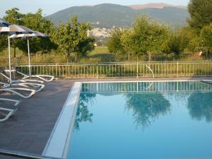 una piscina con 2 sillas y una sombrilla en Campiglione Hotel, en Bastia Umbra