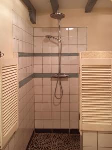 a bathroom with a shower with a shower head at Sous le Tilleul in Bellon +20 photos