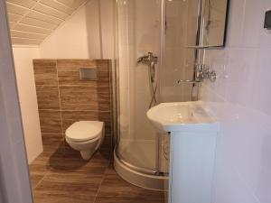a bathroom with a shower and a toilet and a sink at Pokoje gościnne Bartek in Białogóra