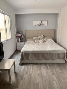 1 dormitorio con 1 cama grande y suelo de madera en CasaCec, en Alicante