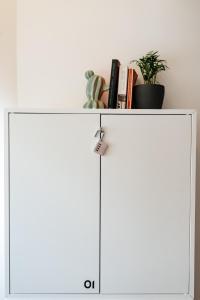 a white cabinet with books on top of it at GiG Capsule Hostel in Ericeira