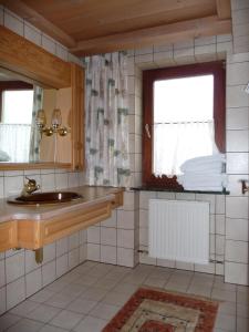a bathroom with a sink and a mirror and a window at Ferienwohnungen Maria Ginther in Pinswang +26 photos
