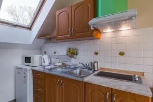 eine Küche mit einer Spüle und einer Mikrowelle in der Unterkunft Penzion Via Mara in Liptovský Mikuláš