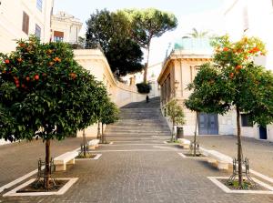 a street with orange trees on the side of a building at Miriam Apartment in Rome