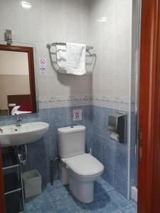a bathroom with a toilet and a sink and a mirror at Pension Alameda in San Sebastián