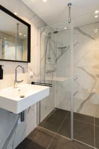 a bathroom with a sink and a shower at Paulus Loot Zandvoort in Zandvoort