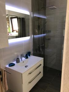 uma casa de banho com um lavatório e um chuveiro com um espelho. em Studio apartman Braco em Risika