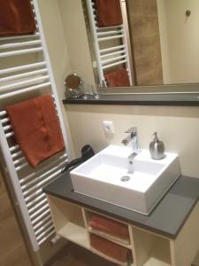 a bathroom with a sink and a mirror at Ferienwohnung Zum alten Rathaus in Schleiden +27 photos