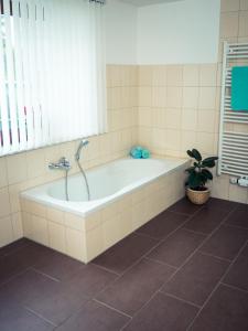 een bad in een badkamer met een plant bij Pfeiffer´s Ferienwohnung in Diehsa