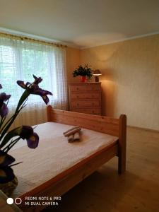 a bedroom with a bed with a dresser and a window at Brālēni in Tūja