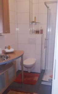 uma casa de banho com um WC, um lavatório e um chuveiro em Ferienwohnung Ostseepalast em Timmendorfer Strand