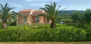a house with palm trees in front of a yard at Villa Katerina Almyros in Almiros Beach