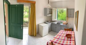 a small kitchen with a table and a green door at Filoxenia Kontogiannis in Lazaráta