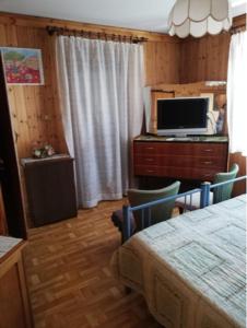 Schlafzimmer mit einem Bett und einem TV auf einem Schreibtisch in der Unterkunft Villa Lory in San Pietro di Cadore