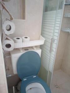 a bathroom with a blue toilet and some rolls of toilet paper at Sheffer in Ramat Gan