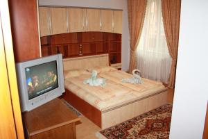Dormitorio pequeño con cama y TV en Pensiunea Claudiu, en Caransebeş