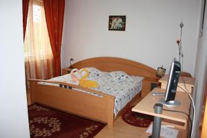 a bedroom with a bed and a desk with a television at Pensiunea Claudiu in Caransebeş