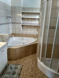 La salle de bains est pourvue d'une baignoire et d'une douche. dans l'établissement Apartmá Doubek, à Rokytnice nad Jizerou