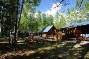 uma cabana de madeira na floresta com árvores em Sven's Basecamp Hostel em Fairbanks