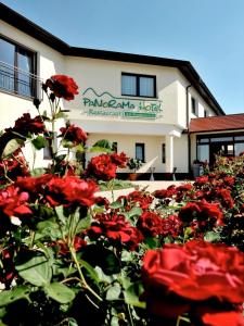 a group of red roses in front of a building at Panorama Hotel am Frankenstein in Witzelroda