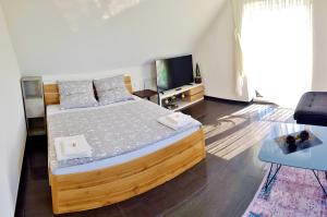 a bedroom with a large bed and a television at Casa Muro in Friedrichshafen