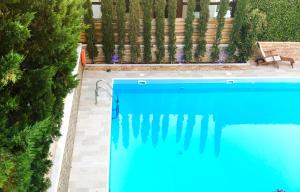 an overhead view of a blue swimming pool in a yard at Armata Boutique Hotel in Spetses