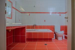 uma casa de banho vermelha com um lavatório e um WC em Evgenia Apartment em Lerápetra