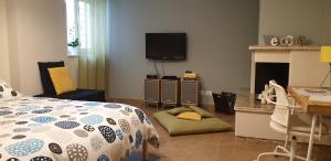 een slaapkamer met een bed, een tv en een open haard bij Casa Riccardo Urban B&Bio in Castellana Grotte