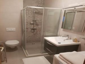 y baño con ducha, aseo y lavamanos. en Apartment & Room Braica, en Dubrovnik