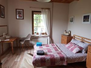 a bedroom with a bed and a desk and a window at Kosiedlisko in Kraśnik