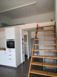 a kitchen with a loft bed and a microwave at studio en plein centre ville à 8 minutes de l'océan in Le Porge